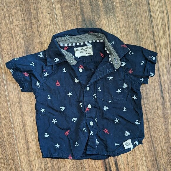 Free Planet 12M Blue Anchor Button Down Shirt - Picture 1 of 3